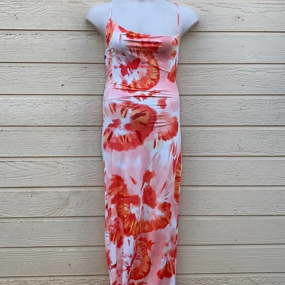 Cryptographic Tie Dye Backless Orange Maxi Dress - Picture 3 of 14
